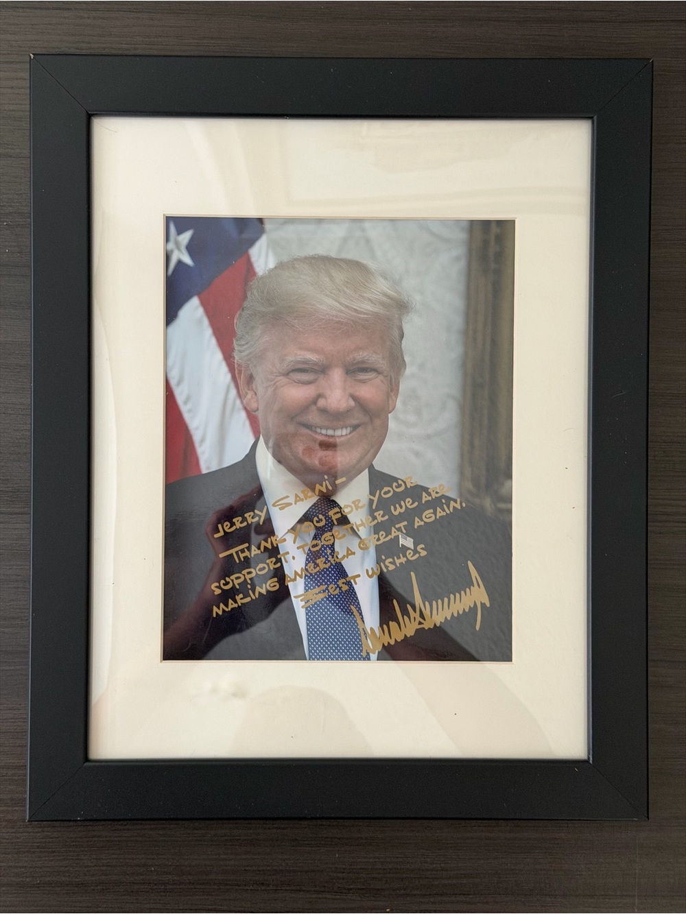 Framed Donald Trump Photo with Printed Sign Gold Message Political Memorabilia